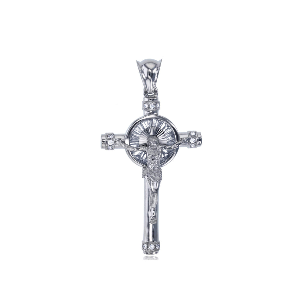 White Gold Round & Baguette Cut Crucifix Cross Pendant (14K)