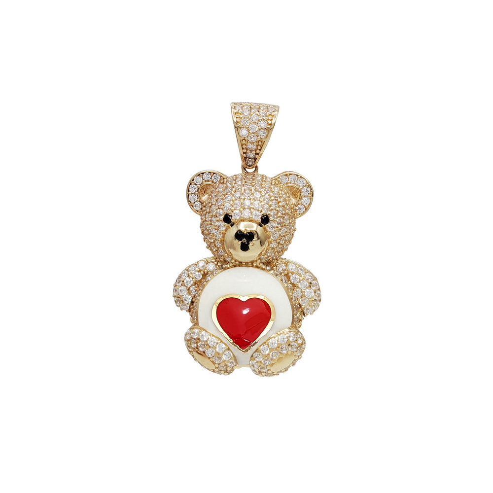 Stoneset Teddy Bear Enamel Heart Pendant (14K)