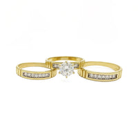Three-Rings Round Cut Ribbed Engagement Wedding Set (14K)