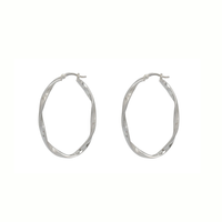 Twisted Diamond-cut Oval-Shape Hoop Earrings (Silver)