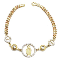 Virgin Mary Cross Wheat Link CZ Bracelet (14K)