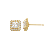 Zirconia Halo Square Stud Earrings (14K)
