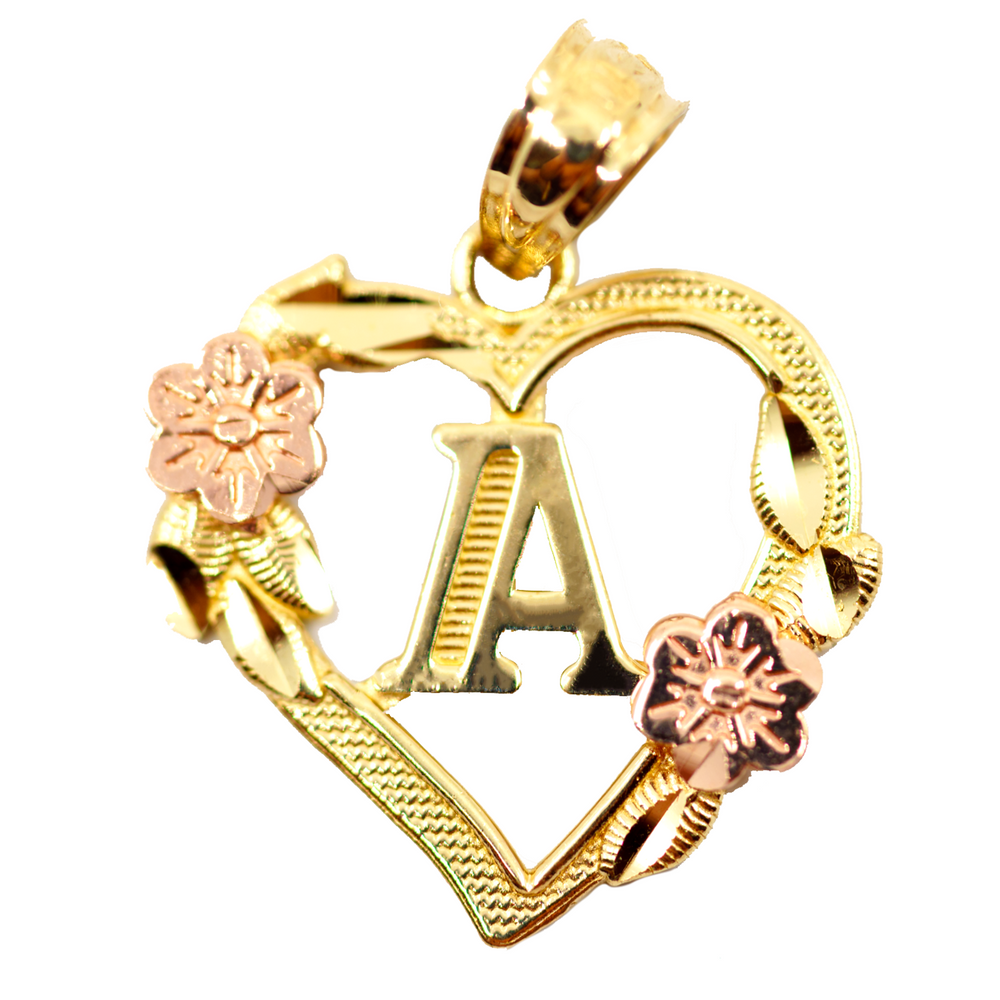 Initial Letter Heart & Flower Framed Pendant (14K)