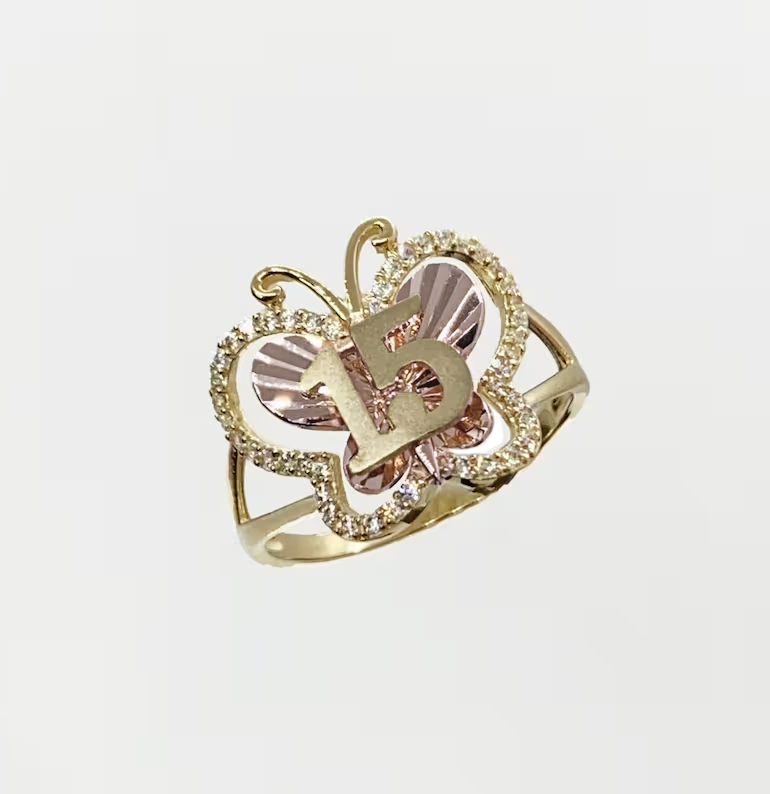 Tri-Tone Cubic Zirconia Butterfly "15 Años" Ring (14K)