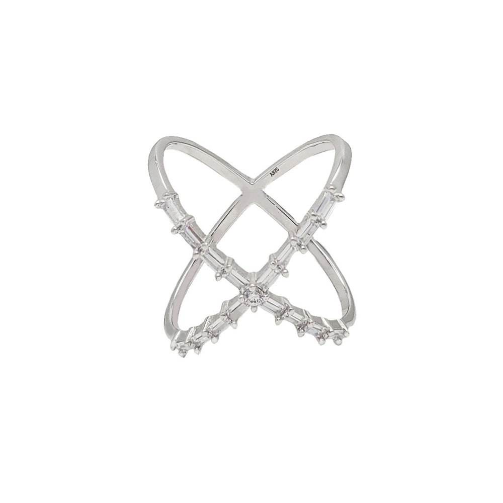 Zirconia Baguette Crossover Ring (Silver)