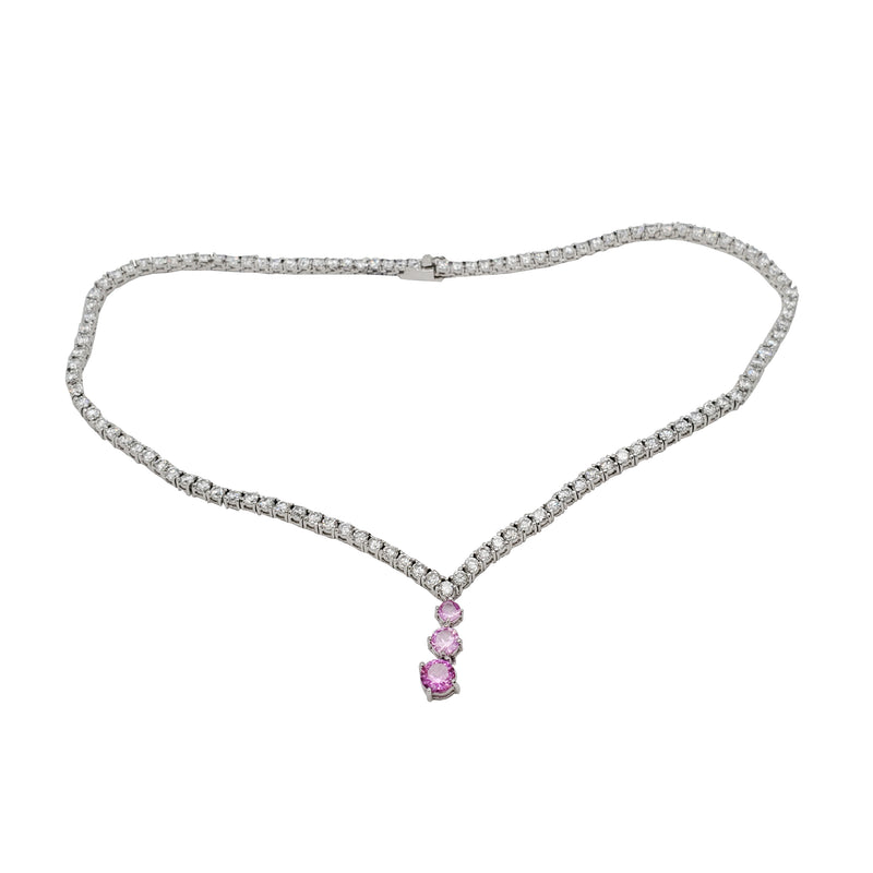 Cubic Zirconia Tennis Pink Stone Fancy Necklace/Chain (Silver)