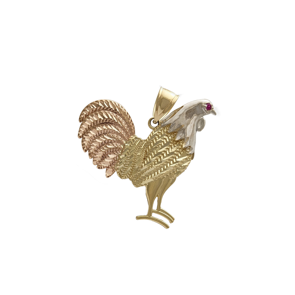 Tricolor Fighting Rooster CZ Pendant (14K)