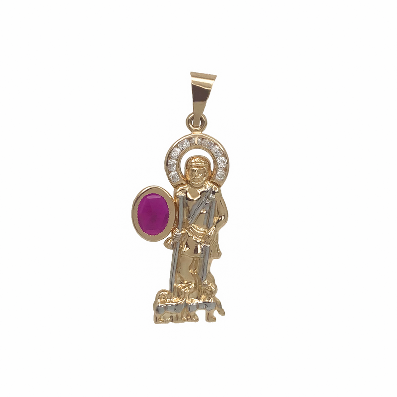 Two-Tone Red Stone Saint Lazarus Pendant (14K)