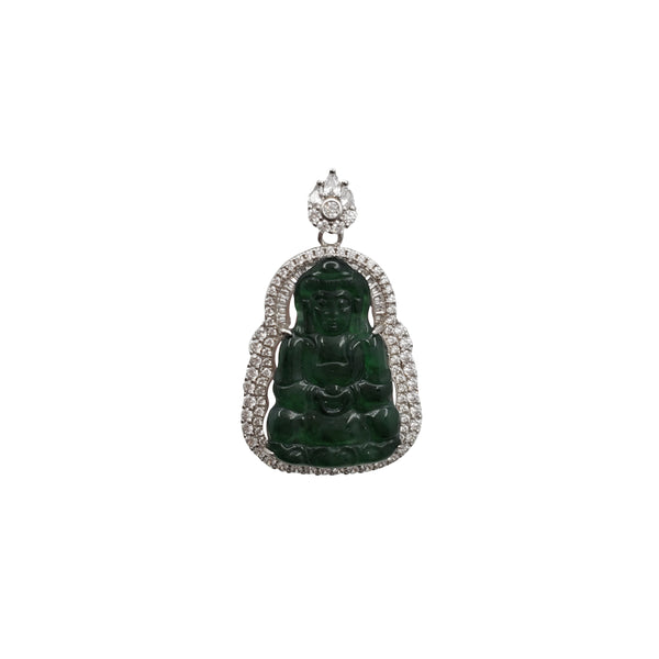 Cubic Zirconia Dark Green Guanyin Jade Pendant (Silver)