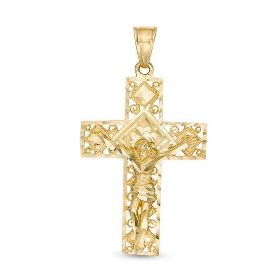 Diamond-Cut Ornate Style Crucifix Cross Pendant (14K)
