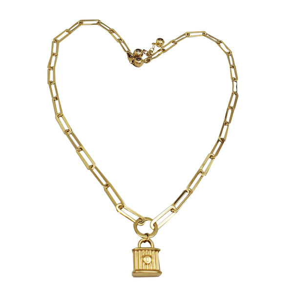 Paperclip Padlock Charm Necklace (14K)