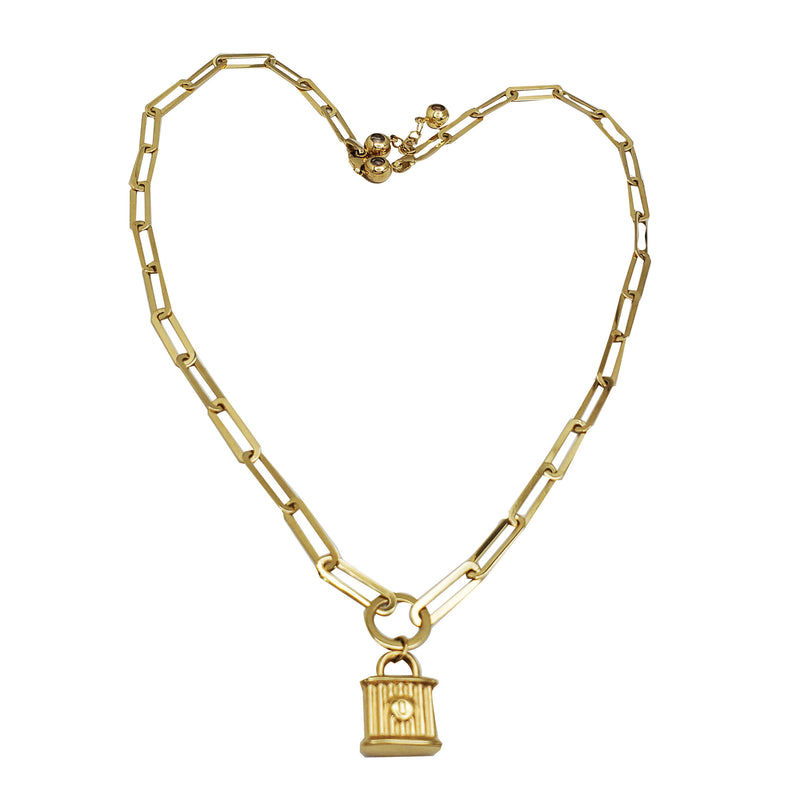 Paperclip Padlock Charm Necklace (14K)