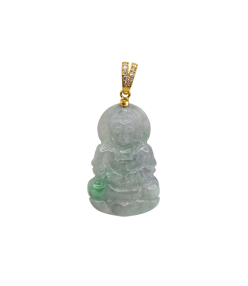 Diamond Green Jade Guanyin Pendant (14K)