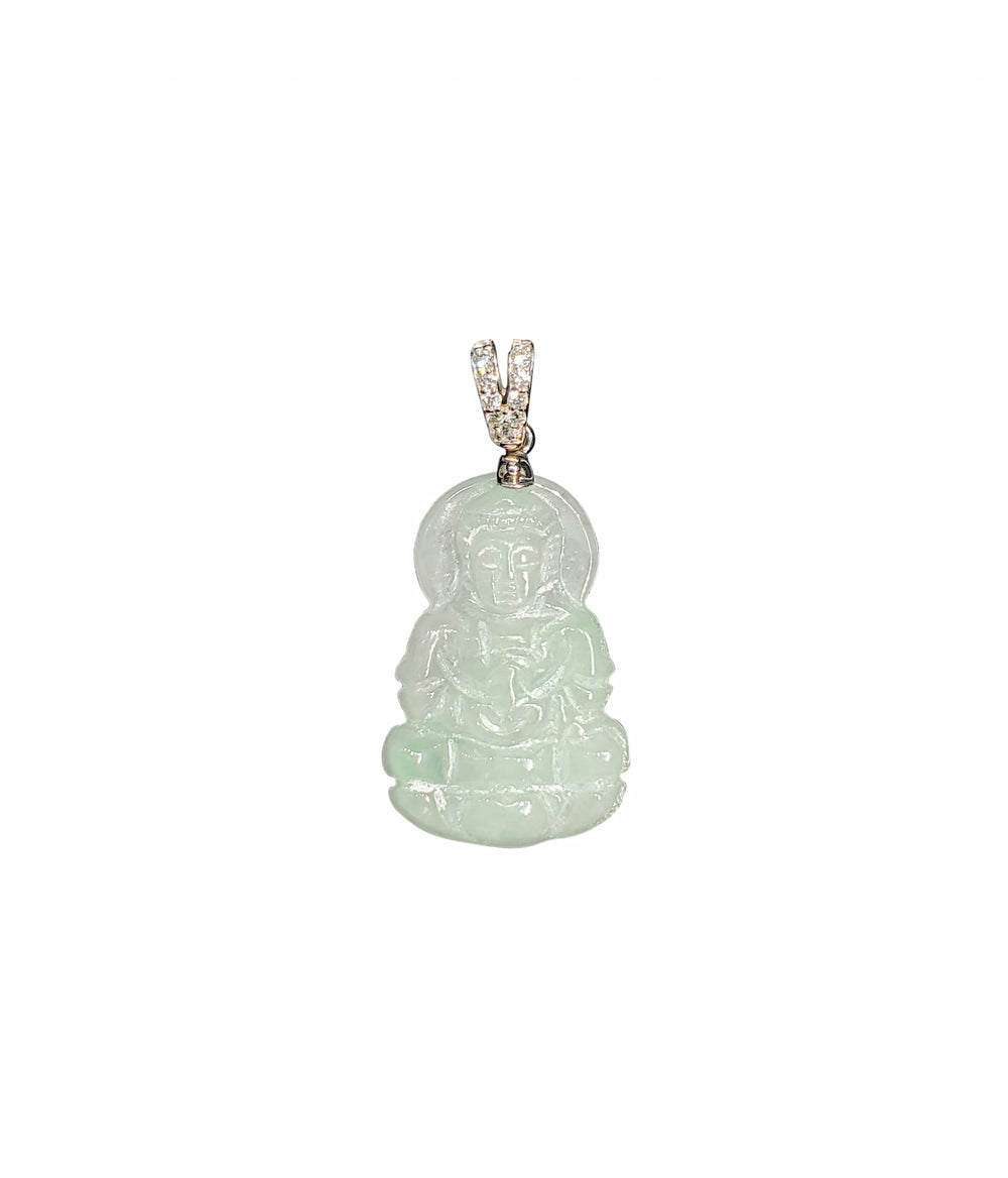 Diamond Green Jade Guanyin Pendant (14K)