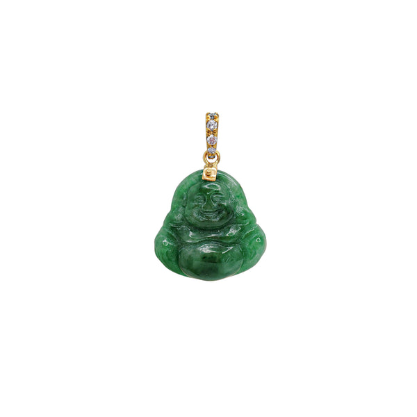 Diamond Green Jade Laughing Buddha Pendant (14K)