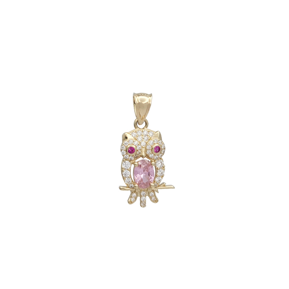 Yellow Gold Zirconia Owl Pendant (14K)