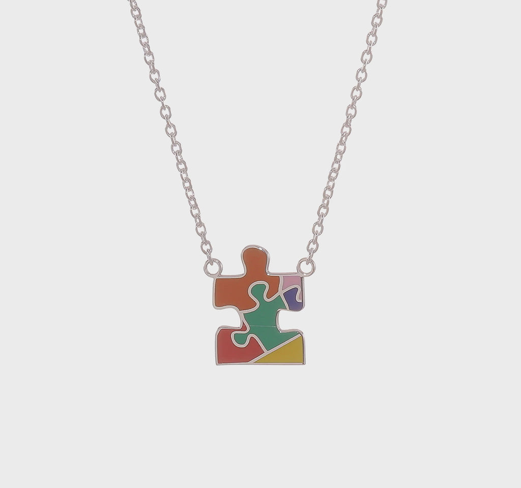 Enameled Autism Puzzle Piece Necklace (Silver) 360 - Popular Jewelry - New York