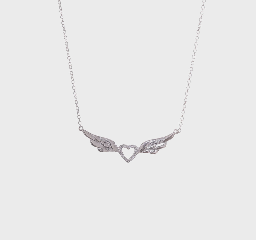 Winged CZ Heart Outline Necklace (Silver) 360 - Popular Jewelry - New York