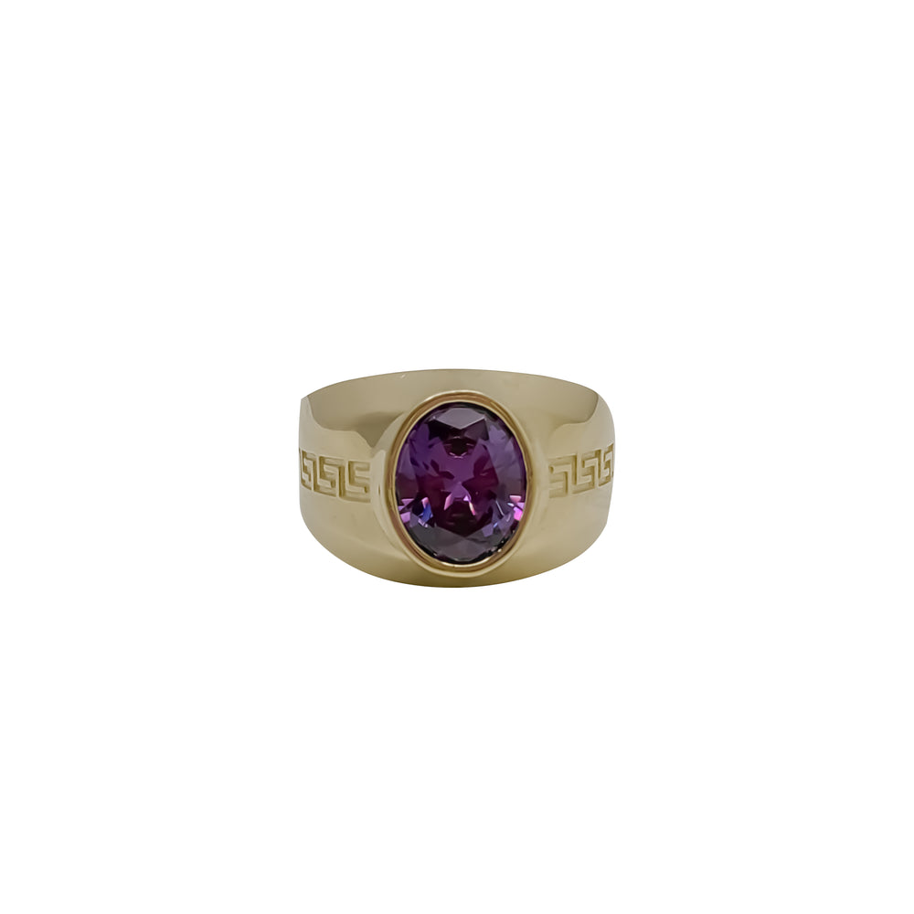 Greek Key Engraved Oval CZ Men Ring (14K)