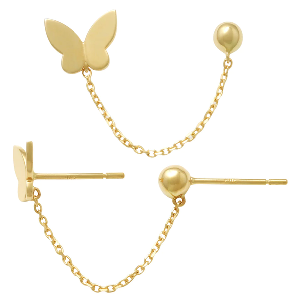 Butterfly & Ball Chain Stud Earrings ( 14K )