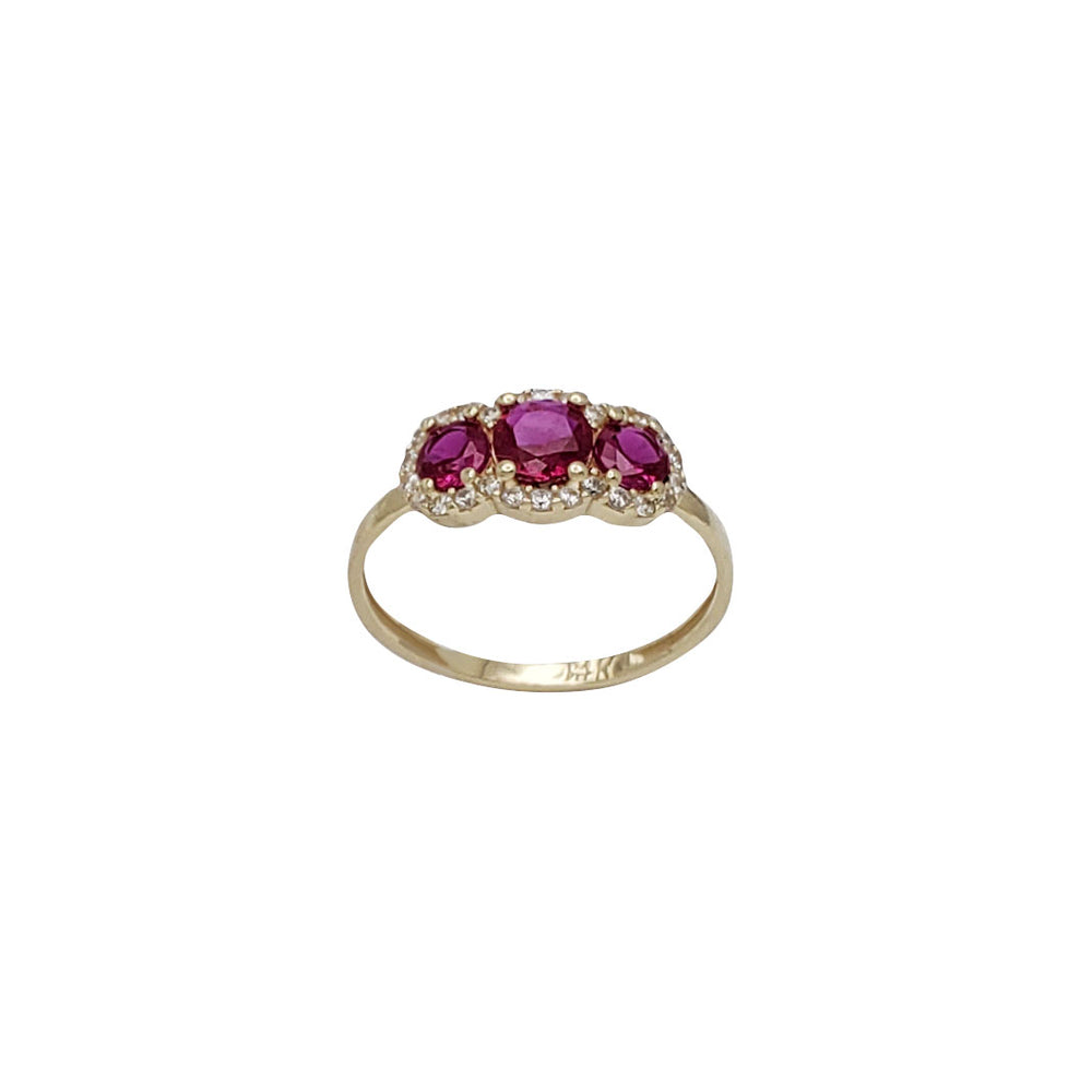 3-Stone Round Birthstone CZ Halo Ring (14K)