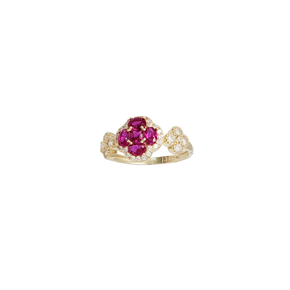 White & Fuchsia Zirconia Triple Flower Ring (14K)