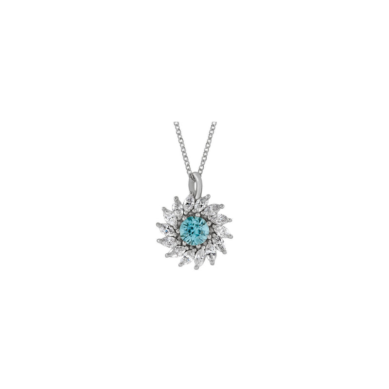 Natural Blue Zircon and Marquise Diamond Halo Necklace (Silver) front - Popular Jewelry - New York