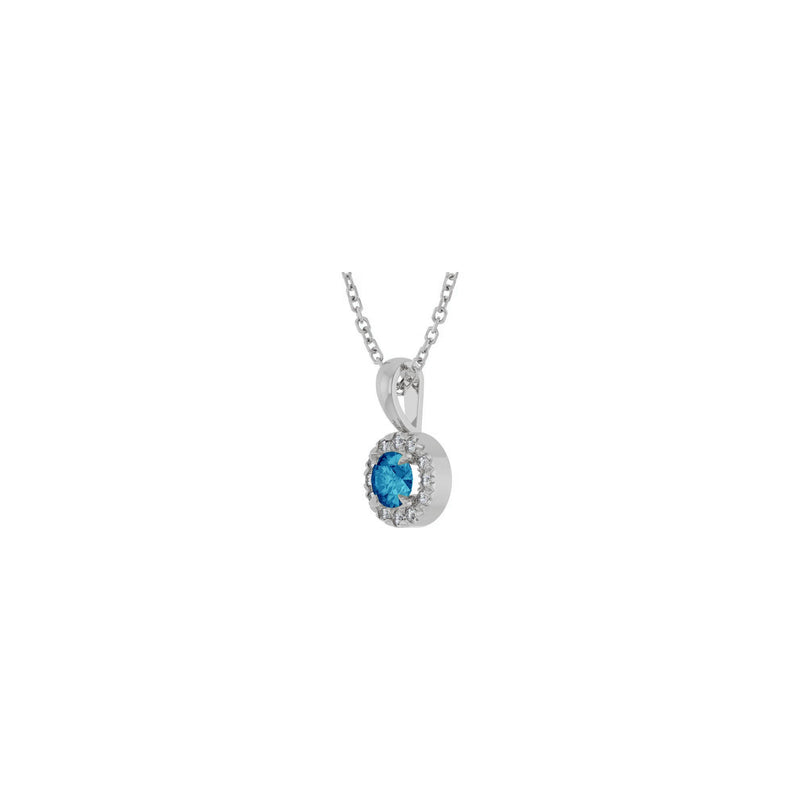 Natural Round Blue Zircon and Diamond Halo Necklace (Silver) diagonal - Popular Jewelry - New York