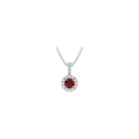 Natural Round Mozambique Garnet and Diamond Halo Necklace (Silver) front - Popular Jewelry - New York
