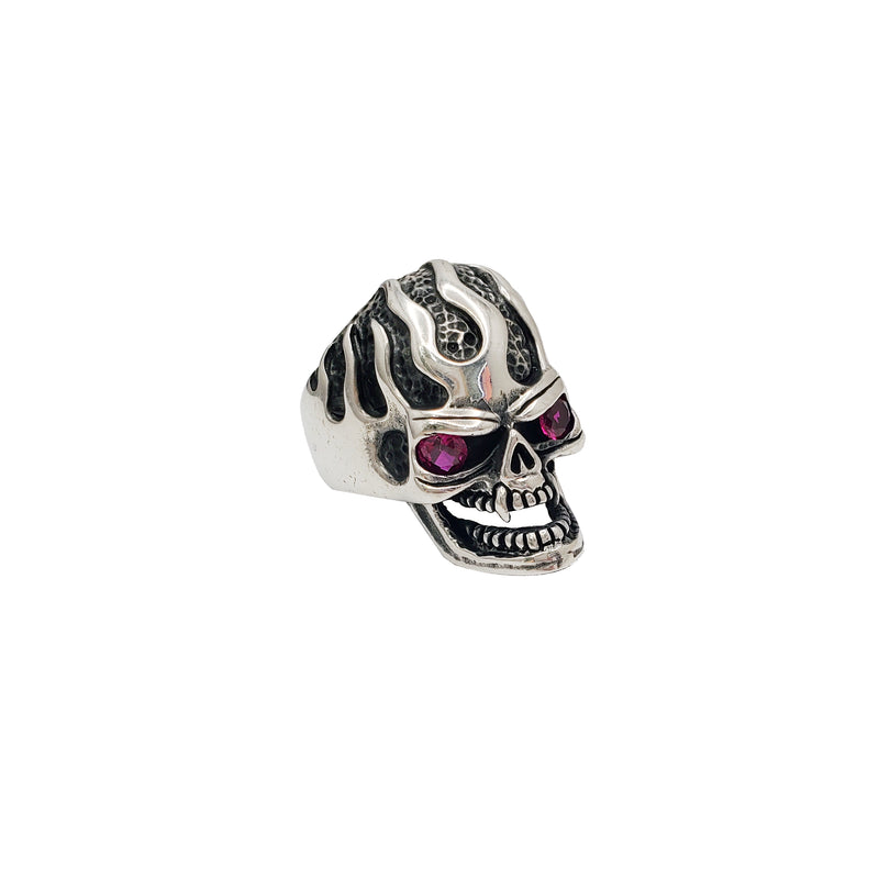 Antique Finish Flaming Skull Ring (Silver)