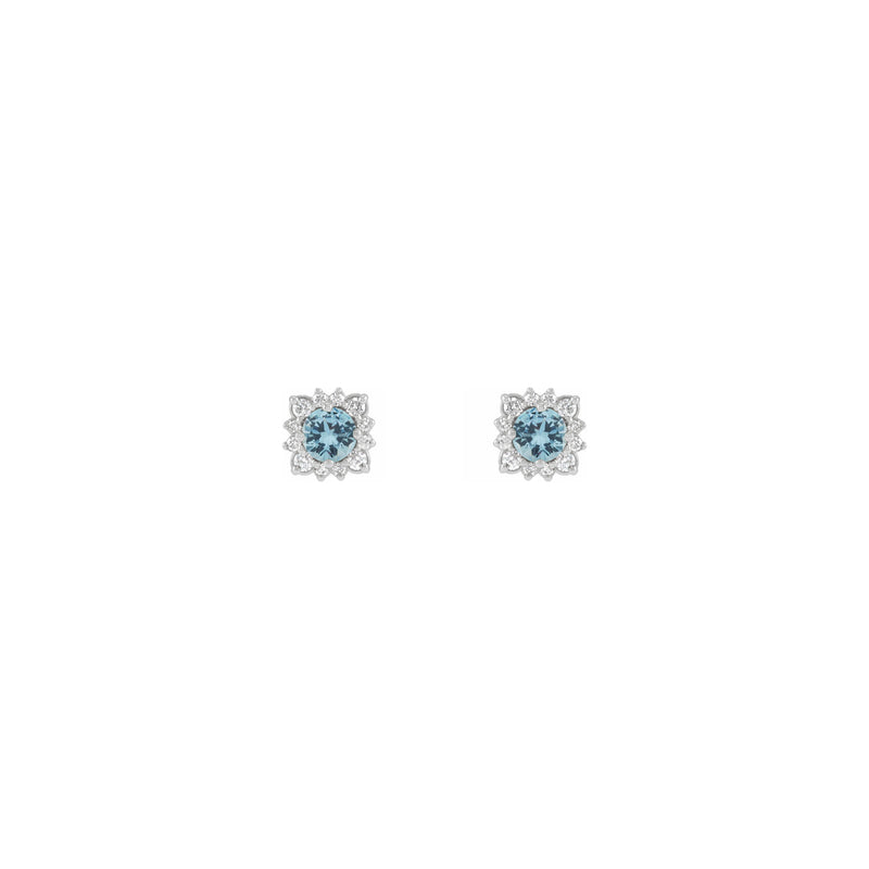 Aquamarine and Natural Diamond Leafy Halo Stud Earrings (Silver) front - Popular Jewelry - New York