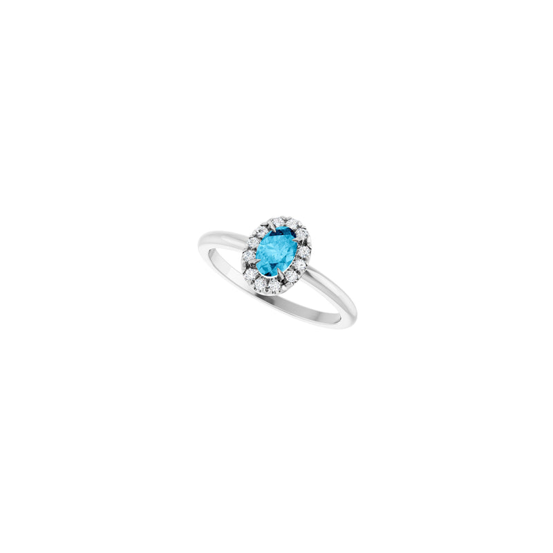 Oval Natural Aquamarine with Diamond French-Set Halo Ring (Silver) diagonal - Popular Jewelry - New York