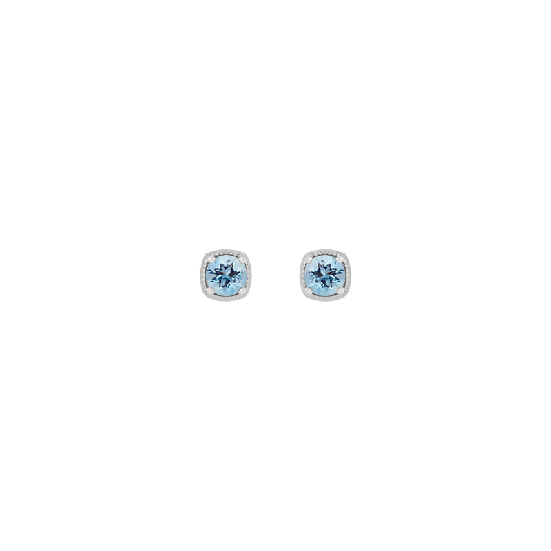 Round Aquamarine Beaded Cushion Setting Earrings (Silver) front - Popular Jewelry - New York