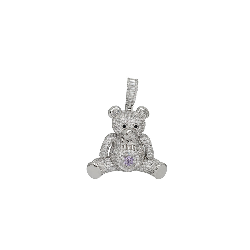 Iced-Out Teddy Bear Pendant (Silver)