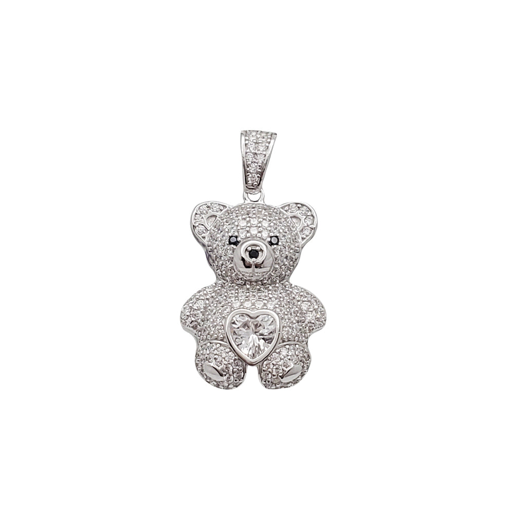 Iced-Out Teddy Bear Pendant (Silver)