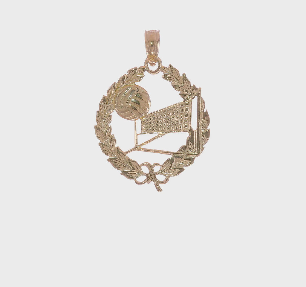Volleyball Themed Leaf Circle Pendant (14K) 360 - Popular Jewelry - New York
