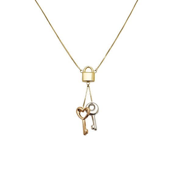 Tri-color Lock & Keys Charm Necklace (14K)
