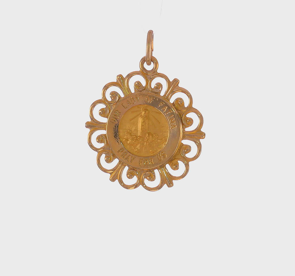 Ornamented Our Lady of Fatima Round Solid Medal (14K) 360 - Popular Jewelry - New York