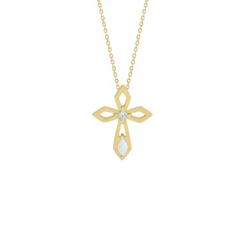 Diamond and Opal Pierced Cross Necklace yellow (14K) front - Popular Jewelry - New York