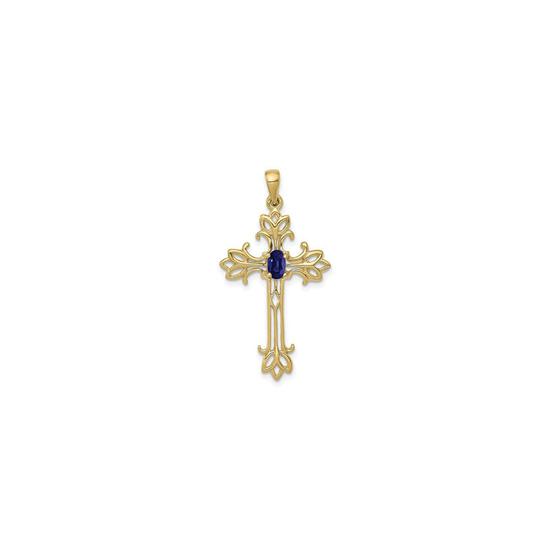 Oval Blue Sapphire Fleur de Lis Cross Pendant (14K) front - Popular Jewelry - New York