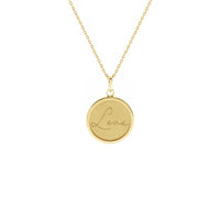 Script Font Love Medallón grabado collar amarillo (14K) frente - Popular Jewelry - Nueva York