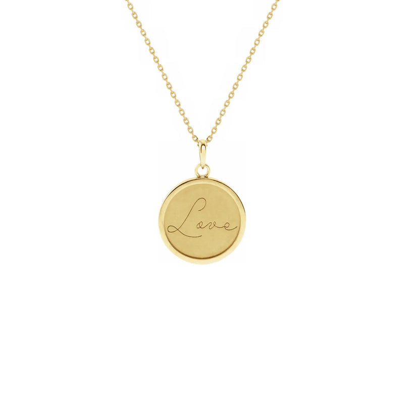 Script Font Love Engraved Medallion Necklace yellow (14K) front - Popular Jewelry - New York