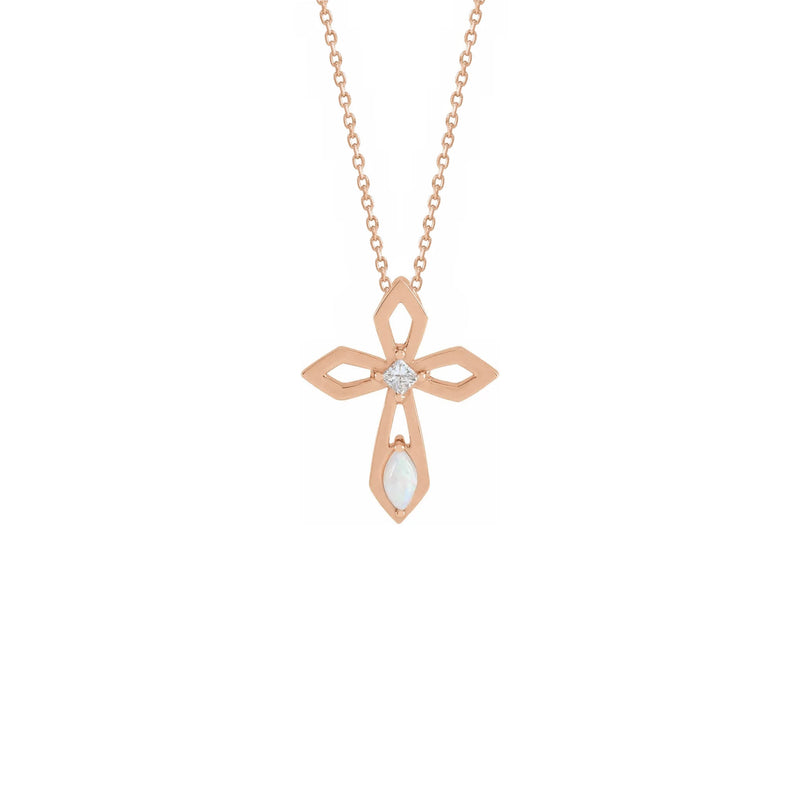 Diamond and Opal Pierced Cross Necklace rose (14K) front - Popular Jewelry - New York
