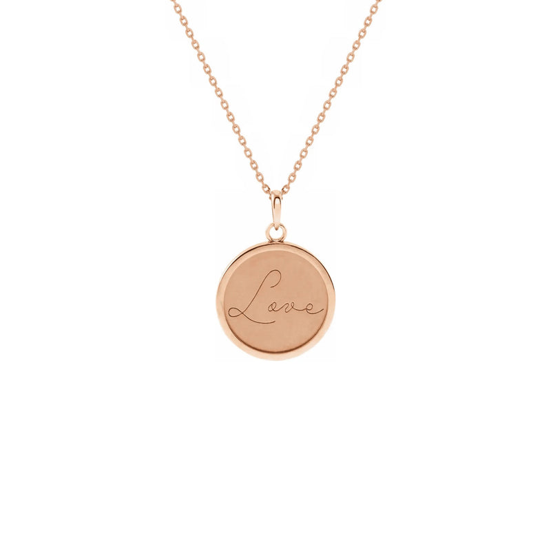 Script Font Love Engraved Medallion Necklace rose (14K) front - Popular Jewelry - New York