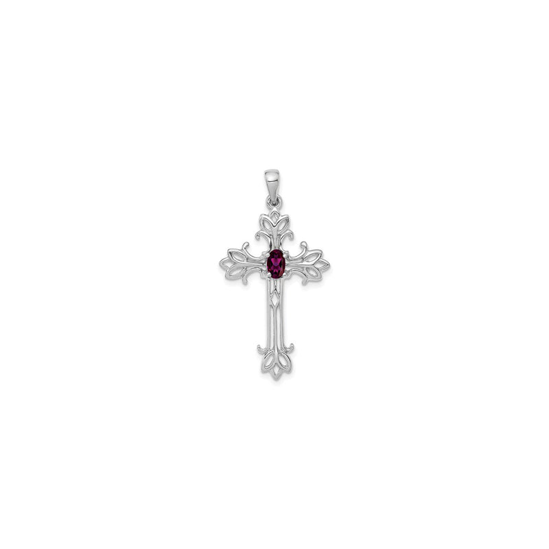 Oval Rhodolite Garnet Fleur de Lis Cross Pendant (14K) front - Popular Jewelry - New York