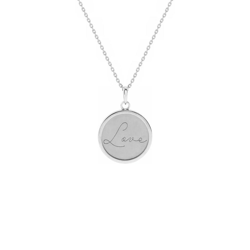 Script Font Love Engraved Medallion Necklace white (14K) front - Popular Jewelry - New York