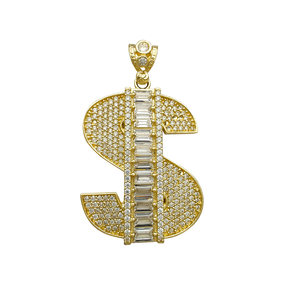 Baguette & Round Zirconia Dollar Sign Pendant (14K)