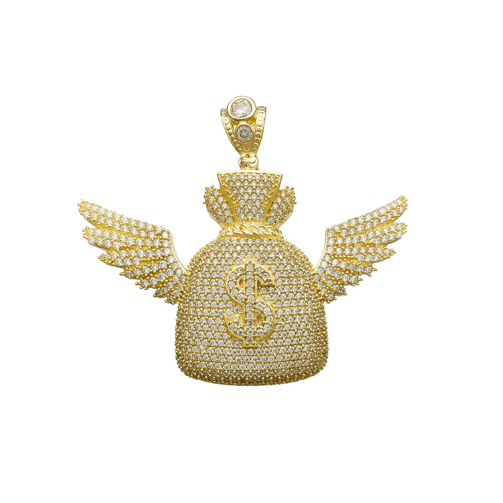 Iced-Out Zirconia Winged Money Bag Pendant (14K)