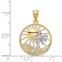 14K Two Tone Sun and Palm Tree Pendant Scale View 22 mm x 20 mm 1.40 ກຣາມ