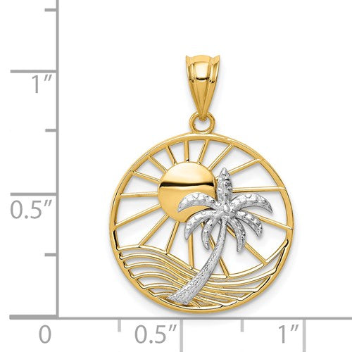 14K Two Tone Sun and Palm Tree Pendant Scale View 22 mm x 20 mm 1.40 grams